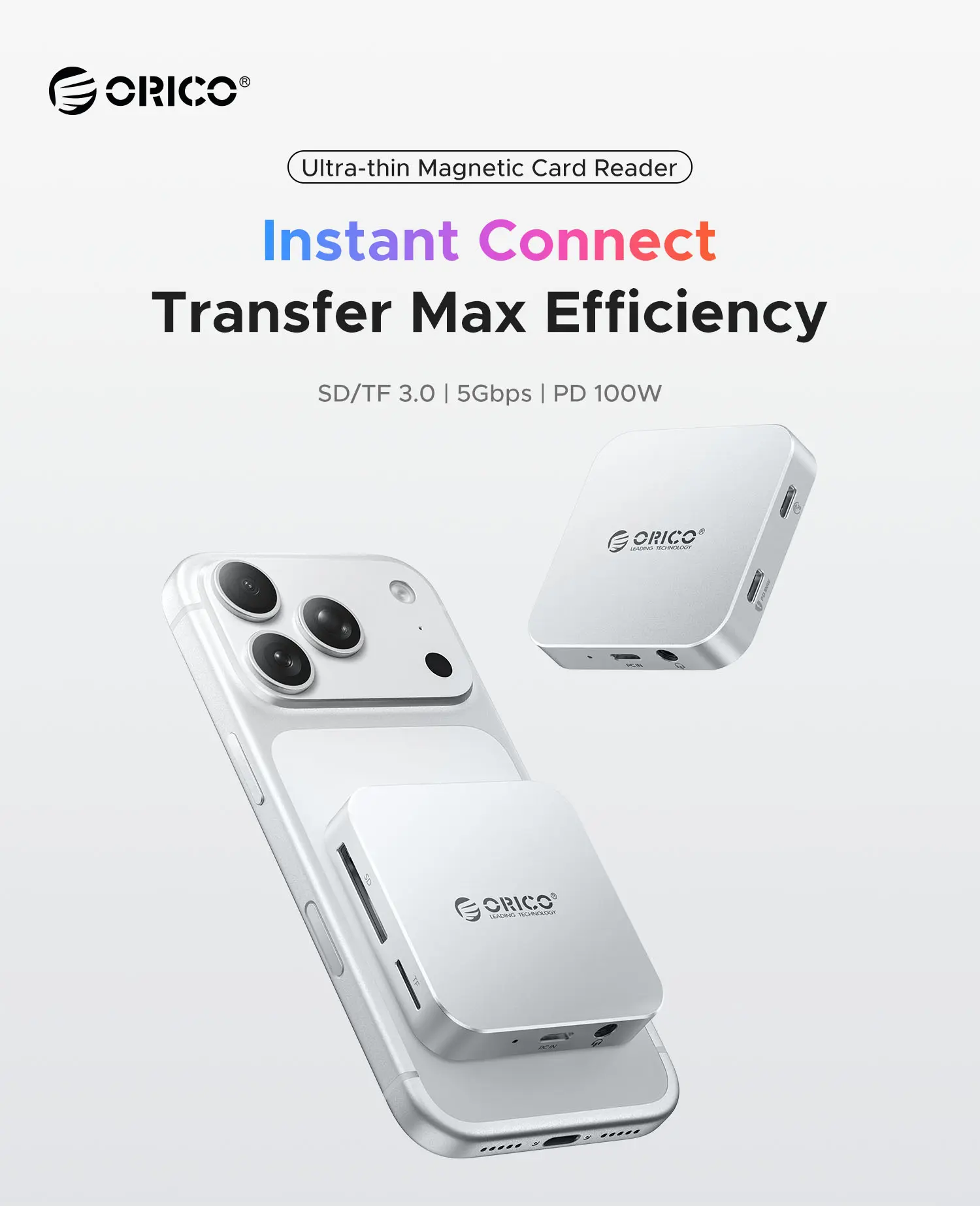 ORICO Ultra-Thin Magnetic SD Card Reader for iPhone 17/16/15 Series/iPad/MacBook, USB C Camera  with SD/TF 3.0 Solt, 100W PD Pass-Through—AIR