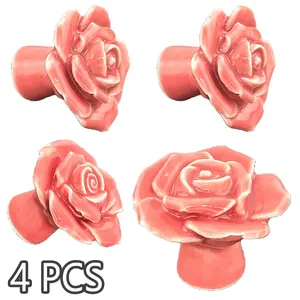4 Pack Pink Rose Ceramic Cabinet Knobs – Decorative Floral Drawer Pulls with Mounting Screws, Elegant 3D Rose Shaped Knobs for Kitchen Cabinets, Bathroom Vanities, Dressers, Wardrobes, Nightstands, Bookcases and Home Improvement Projects