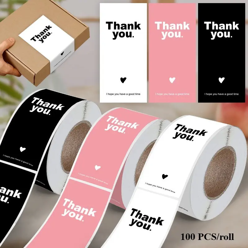100PCS/roll simple pink white black thank you sticker rectangular sealing sticker gift packaging decorative label gift box sealing sticker Souvenir Sticker Thank you tags Gift Labels