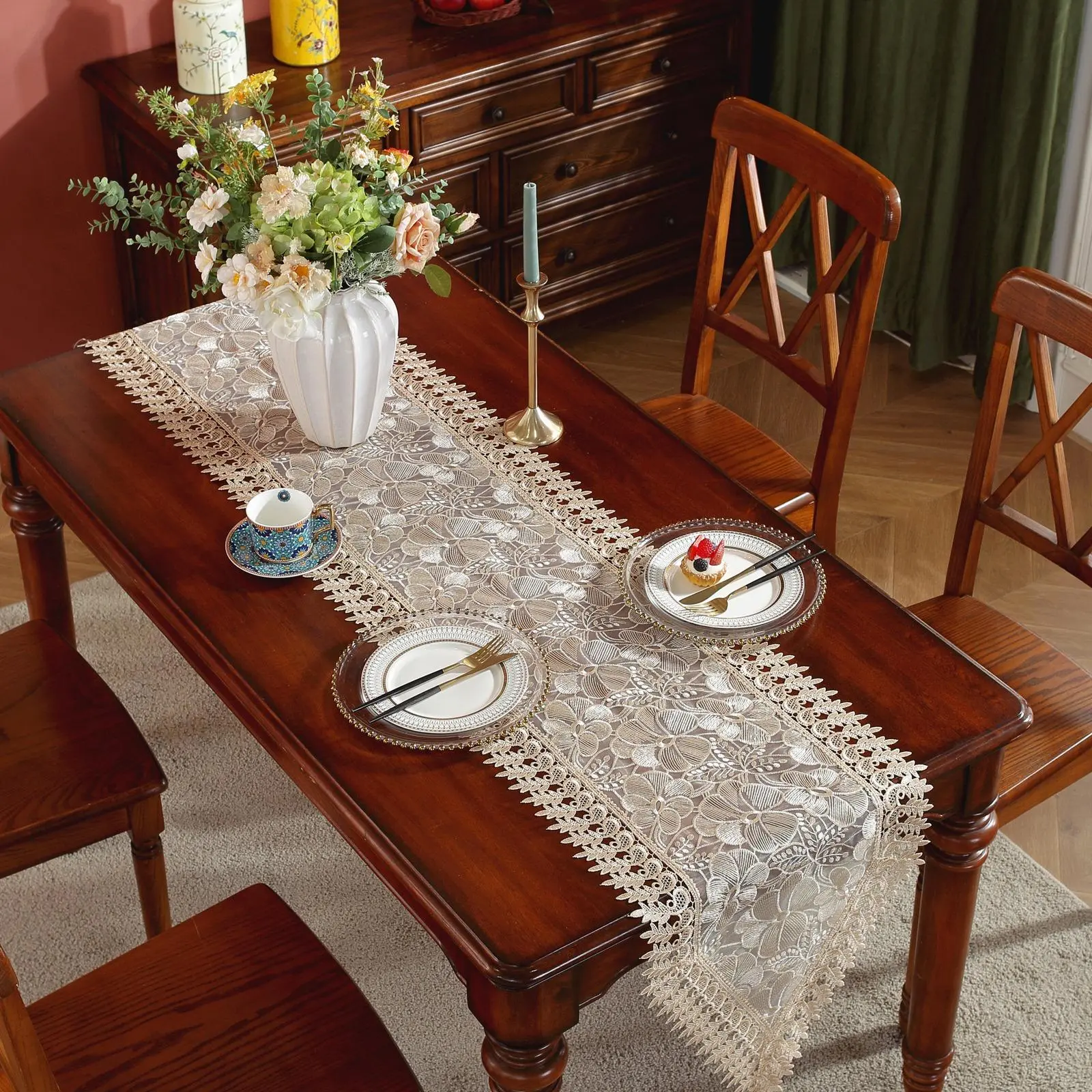 Lace Tablecloth, 1 Count Exquisite Embroidery Tablecloth, Table Linens Table Decoration Supplies for Home Kitchen Dining Room Wedding Party