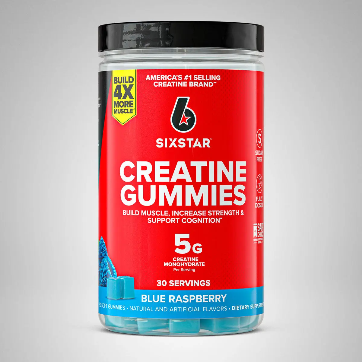 SIXSTAR Creatine Gummies - Sugar Free - 5g Creatine Monohydrate for Strength, Power, and Recovery - Blue Raspberry, 30 Servings