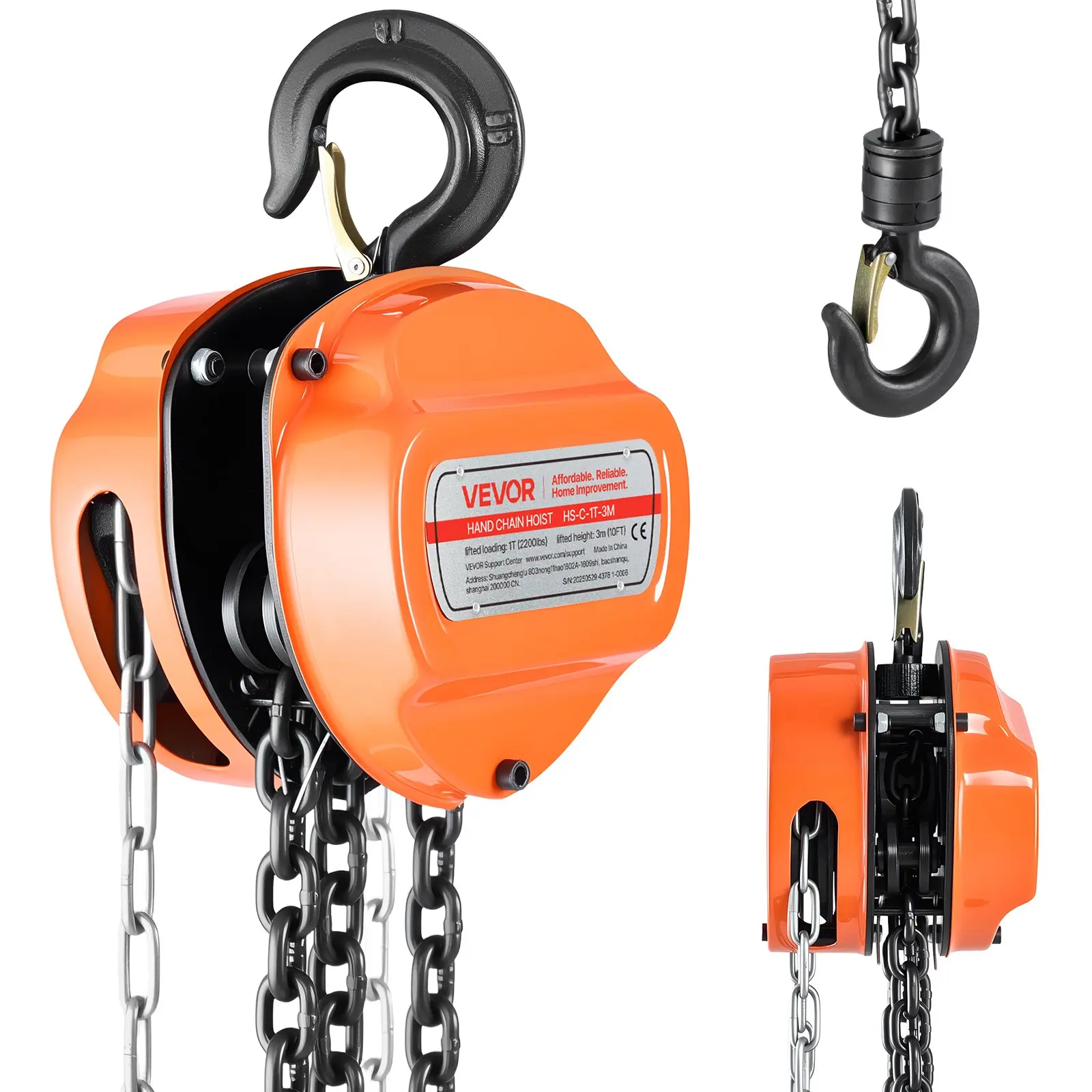 【Summerfinds】VEVOR Hand Chain Hoist, 1 Ton 2200 lbs Capacity, Manual Chain Block with Upgrade G80 Galvanized Chain, 10 ft Lifting Height, Heavy Duty Pulley Hoist for Garage Warehouse Automotive Machinery, Orange