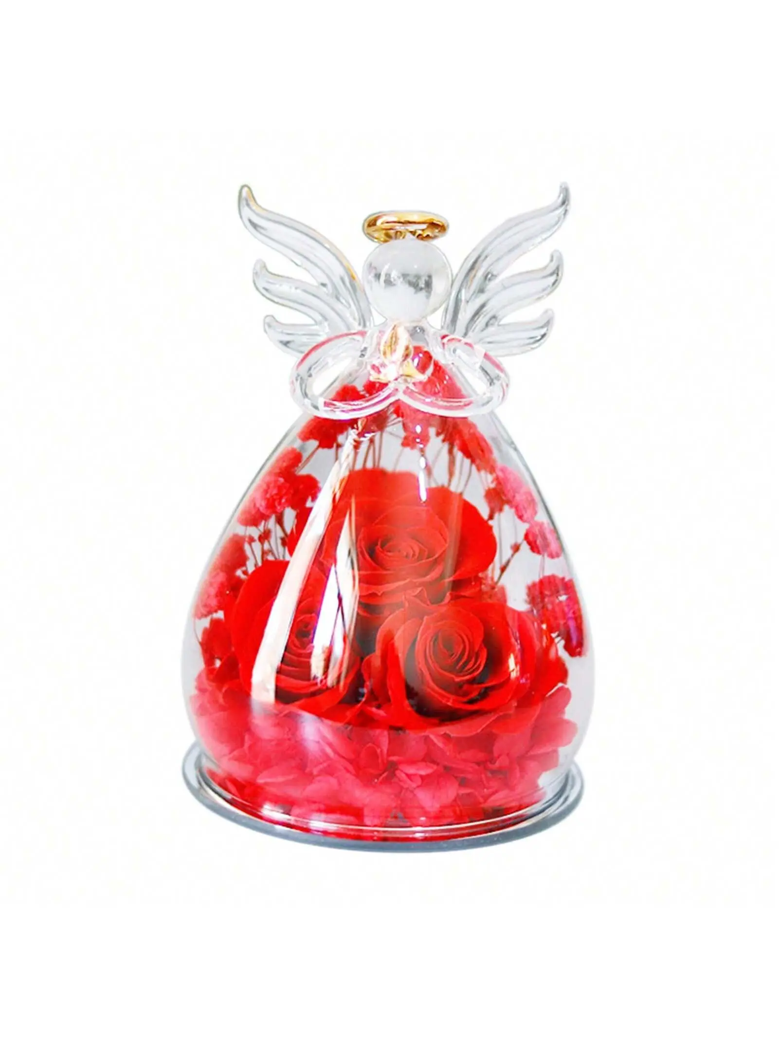 Light-Up Preserved Real Rose in Synthetic Glass Angel Shape Figurine (5.9x3.9 inch), Women's Floral Home Decor Gift, Valentine's/Christmas Present for Mom Wife