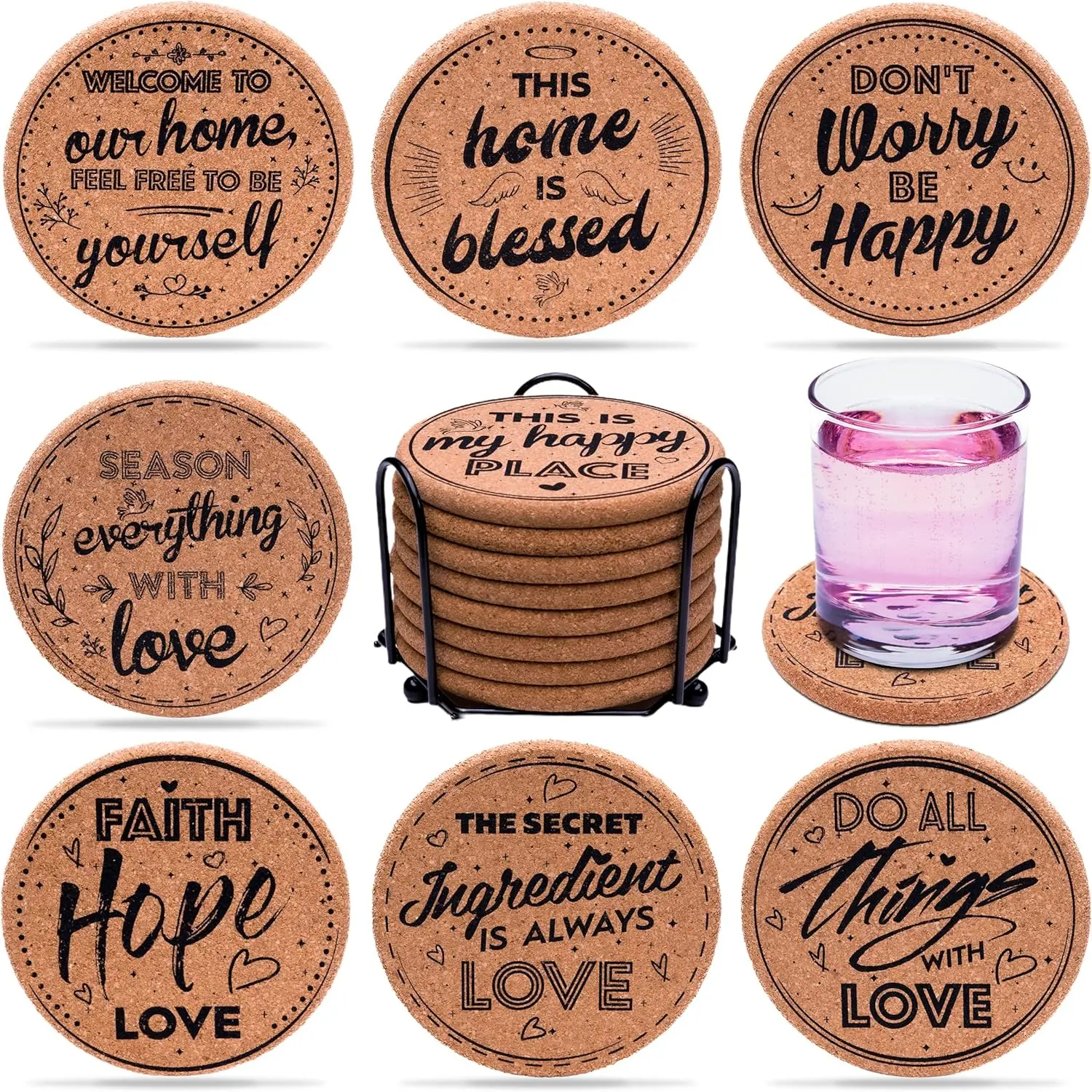 Cork Coasters for Drinks Absorbent with Holder - Cute & Funny Set of 8 Large Round Outdoor Cup Wooden Table Protection, Coffee Trivet, Cups and Mugs Cool Drink Coaster