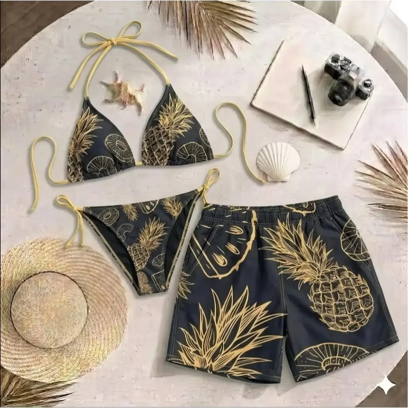 Couple Swimsuit Set - Black and Golden Tropical Bikini Set for Women, Beach Shorts for Men[Separate Male and Female Links; Male and Female Links Need to Be Purchased Separately