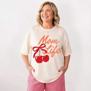 Mom Life T-Shirt, Cherry Bow Graphic Tee for Women, Cute Motherhood Shirt, Trendy Mama Aesthetic Top, Sweet Mom Outfit, Retro Cherry Mom Tee, Gift for Moms