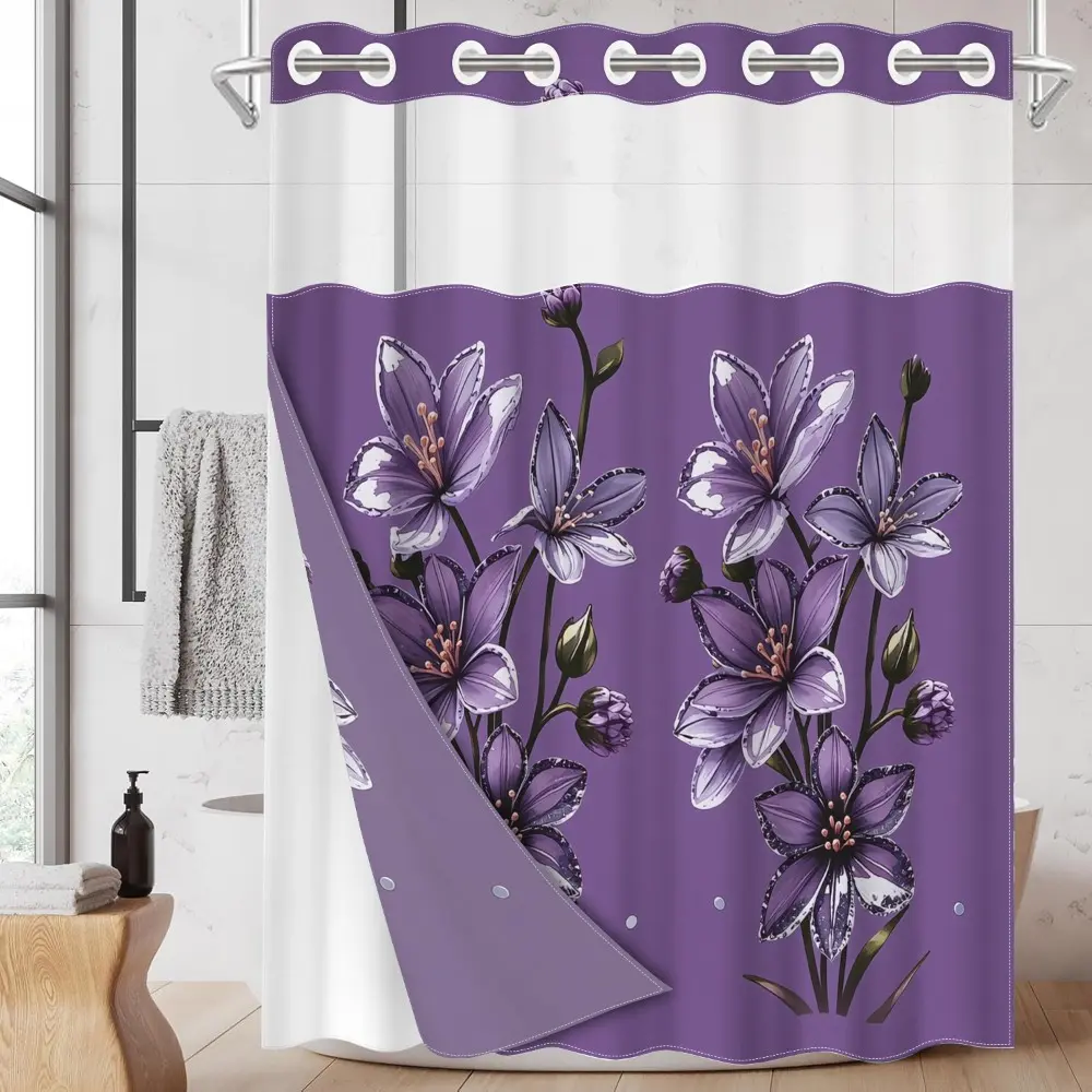 1pc hookless shower curtain with buckle lining, Aesthetic Shower Curtain, Floral Shower Curtains For Bathroom, spring purple floral design print, fabric waterproof lining, 71 x 74 inches, modern home curtain
