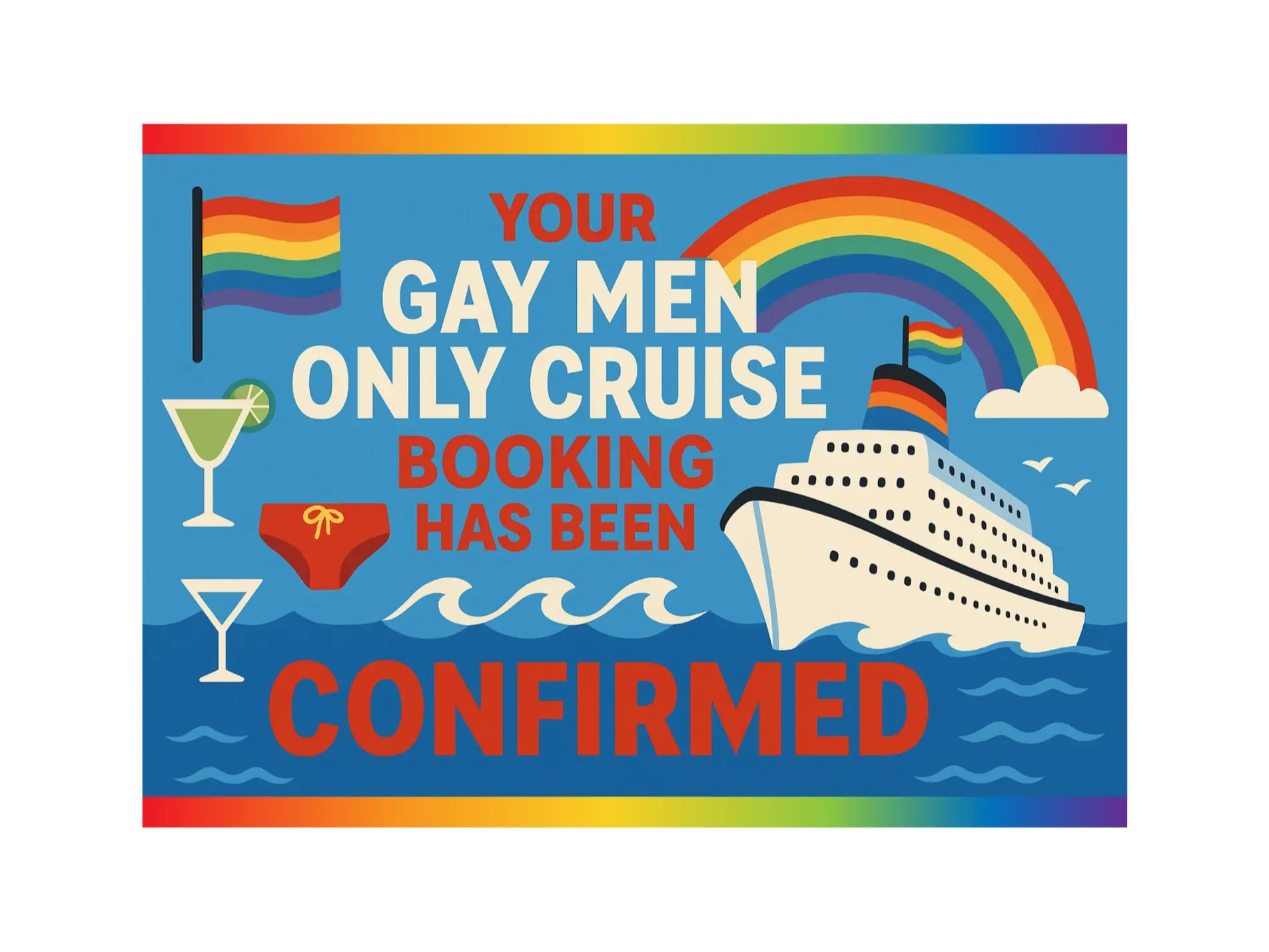 Anonymous Novelty Funny Prank Postcard Gag Toy - Printed "Gay Men-Only Cruise Booking Confirmation" Fun Party Card with Vibrant Art for Bachelor/Bachelorette Party Enthusiasts