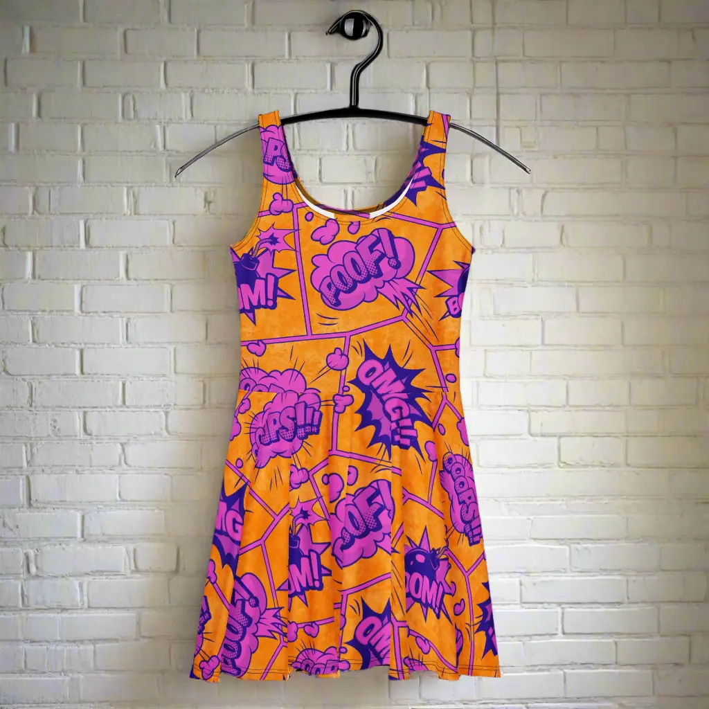 Women's Casual Sonic Boom Skater Dress - Sleeveless, Mid-Thigh, Flared Fit, Stretchy Elastic Comfortable Polyester Spandex Fabric, Lady, Skirt, Soft, Flare Cut, Skater Look, Breathable, Style, Flare Skirt, Buttery-Soft Fabric, All Seasons, Comfortable Ela