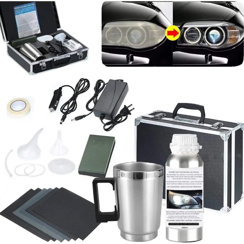 Headlight Restoration Kit, Headlight Lens Polish Repair Kit Atomizing Cup Headlight Vapor Renovation Tool with 200ml Liquid For Repair of Scratch,Yellowed, Haze, Oxidized, Cracked Headlights