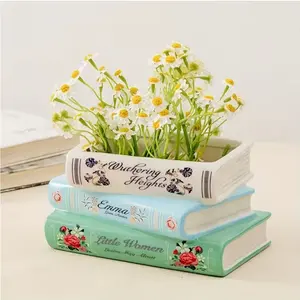 Creative Three-Layer Ceramic Book-Shaped Vase, Vintage Book Design, Unique Home Decor Accessory, Flower Pot, Suitable for Living Room, Bookshelf, Fireplace, Table, Decorative Flower Vase
