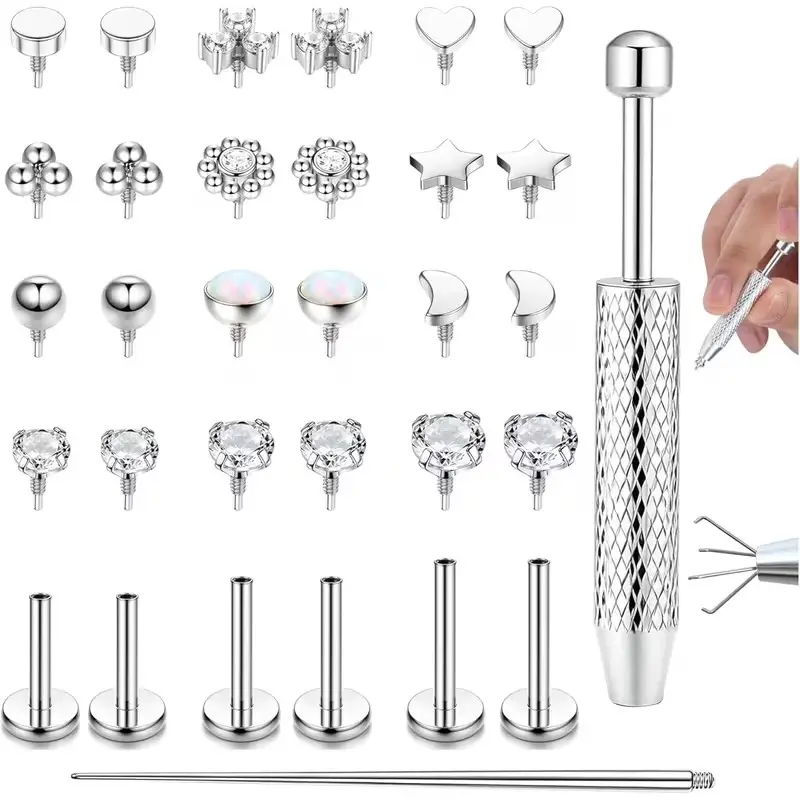 2D Flat - 32pcs 16G Labret Piercing Jewelry Surgical Steel Internally Threaded Tragus Stud CZ Flat Back Earrings Lip Bar Tragus Helix Cartilage Conch Nose Piercing 6/8/10MM