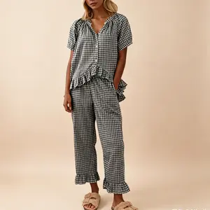 Gingham Pajamas Set 2 Piece forWomen Plaid Sets Pjs Vintage ClothesButton Down Babydoll Top with Puff Sleeves & MatchingRuffle Pants Cute Loungewear Loungewear PjsSleepwear Nightwear Homewear Comfort Outfit