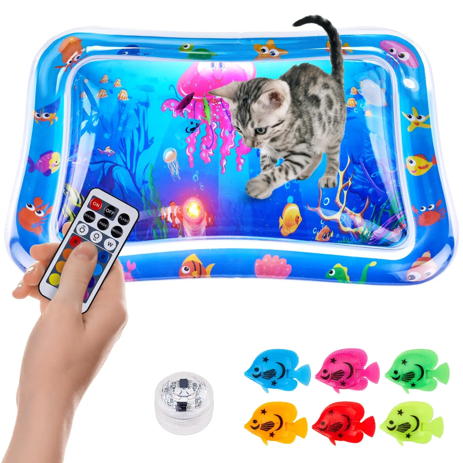 Cat Water Play Mat with Floating Fish - Multi-Color LED Lighted, Thickened Anti-Scratch Leak-Proof, Interactive Sensory Toy for Indoor Cats & Kittens to Swat, Exercise & Hunt