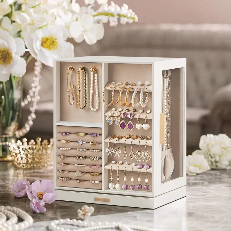 SONGMICS 360-Degree Rotating Jewelry Box - Home Decor Dresser Organization Storage Case with 5 Drawers, Glass Window, Spacious Open Design, Ideal Gift for 360 Degree Rotation Jewelry Boxes & Organizers, Great Gift