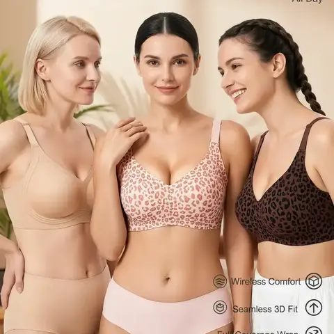 PQK Women's Wireless Seamless Jelly Bras (2 PCS/3 PCS) - 55% Nylon 45% Spandex Flexes Softly, Push Up, Full Coverage Wrap, Wire Free Support, Seamless 3D Fit, All-Day Ease, From Work to Yoga, Adaptive Design, S-3XL, Fall Wear Fabric