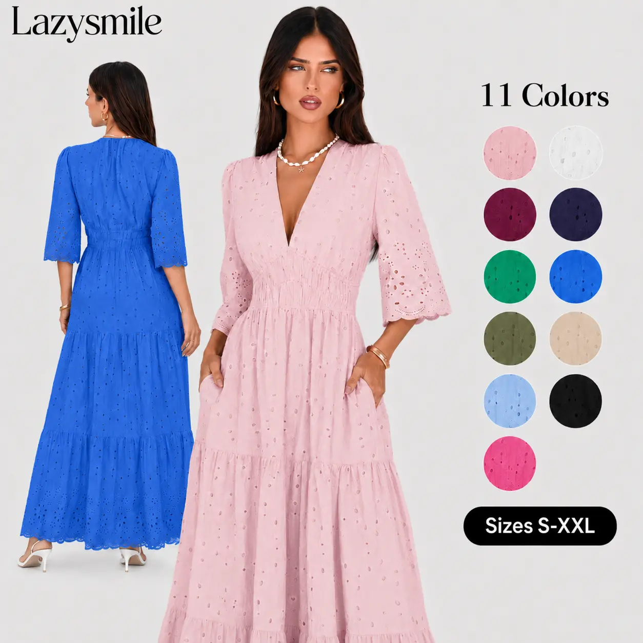 LAZYSMILE Women's Long Sleeve V-Neck Boho Maxi Dress, Elegant Cotton Eyelet Ruffled Swing Vacation Wear, Basic, Casual sohochic