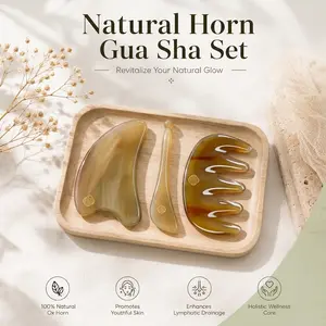 [FANYAN CRAFTSMAN] Natural Ox Horn Gua Sha Set 3-in-1 Kit, Scalp Neck Lymphatic Drainage Massage Comb, Facial Gua Sha Tool for Morning Depuffing & Jawline Sculpting, Head Body Acupressure Stick, Birthday Holiday Wellness Gift.