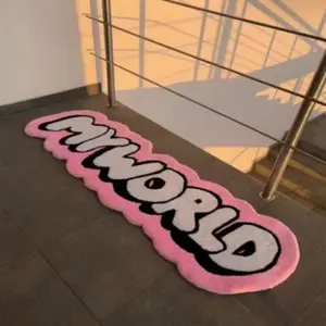 A pink irregular wavy edge shape letter carpet bedroom decoration plush carpet trendy personalized living room carpet MY WORLD letter bedside strip carpet modern simple lounge cloakroom carpet Fluffy Rug