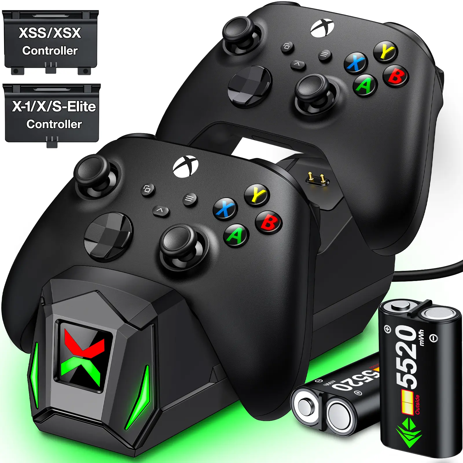 Controller Charger for Xbox Series S/X/Xbox One/One Elite/Xbox One S/X Controller With 2 x 2X5520mWh Rechargeable Battery Packs,Charging Dock for Xbox Controller, Dual Charging Station