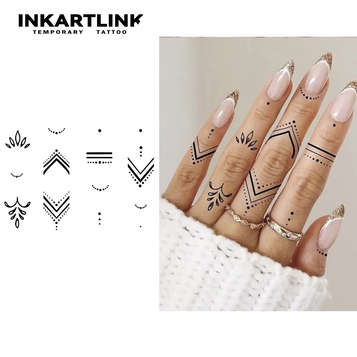 INKARTLINK Women's Ephemeral Tattoos - 2-Piece Henna Art Fake Removable Temporary Finger Stickers, Waterproof, Long-Lasting, All Skin Friendly, Single Item for Parties, Tattoo Art, Realistic Temporary Tattoos