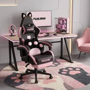 Ergonomic Reclining Gaming Chair - Adjustable Height Swivel PC Chair with Removable Cat Ears, Cat Paw Lumbar Support, Footrest, Headrest, Comfort Desk Seat for Kids Teens