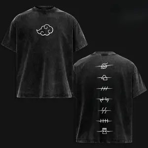 Men's Oversized Naruto Anime Akatsuki Clan Logo Retro Washed Heavyweight Cotton Short-Sleeve Round-Neck T-Shirt - High-Quality Vintage Streetwear Menswear, Male Clothing for Casual Wear, Gifts for Him