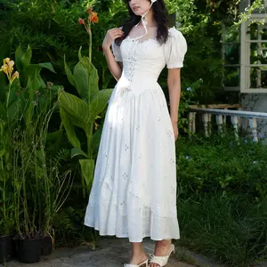 Lily of the Valley Corset Dress-LuminaVenus Dresses Vintage Cottagecore White Dress Puff Sleeve Corset Wedding Birthday Party Dress Waist Eyelet Lace Retro Outfit Lantern Sleeve Dress Slim-fit Casual Basic Cute Formal Women Faux