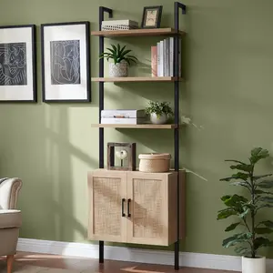Ladder 5 Tier Bookshelf with Rattan Cabinet, 73" Tall Bookshelf with Oak Wood Storage,Wall Mount Bookshelves with Steel Frame Plant Display for Bedroom, Living Room(Weathered Oak)Study bookshelf kitchen living room storage cabinet simple design