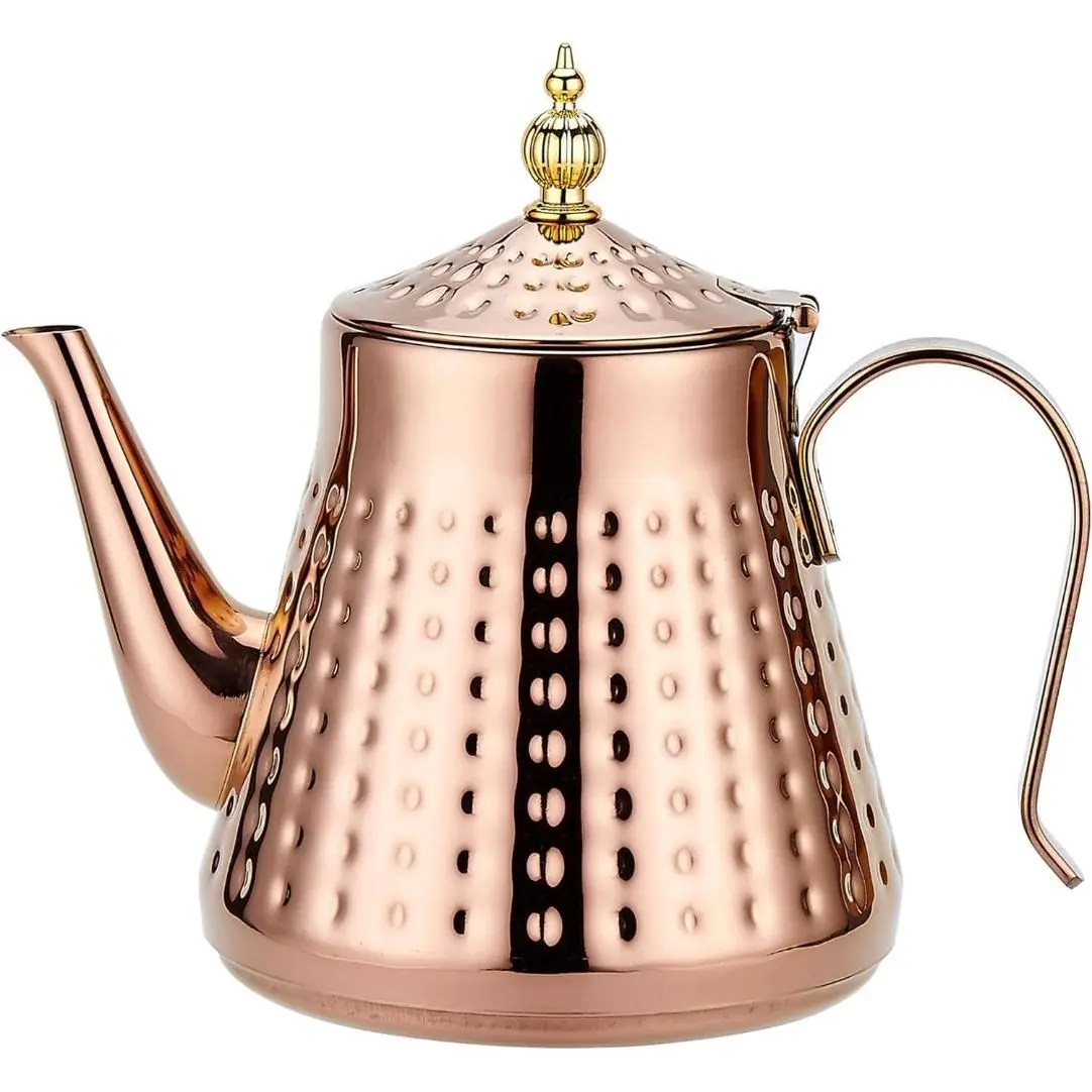 SANQIAHOME Aesthetic Stainless Steel Hammered Pattern Kitchenware Tea Pot for Stove (1.2L/40oz-1.8L/60oz) with Removable Infuser, Loose Leaf Cover, Copper, Silver or Gold Finish