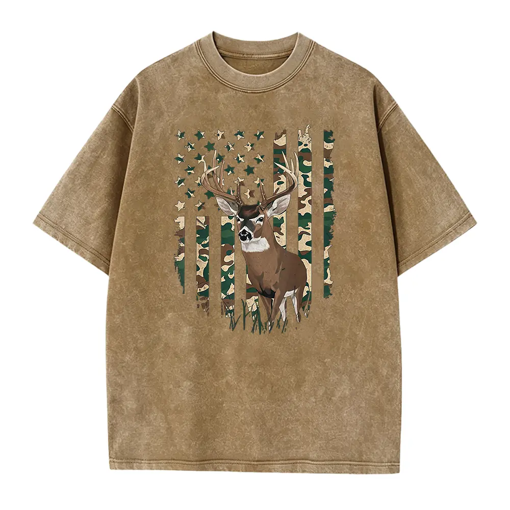 Men'S American Flag Deer Hunting Camo T-Shirt - Patriotic Camouflage Design with Deer & Antlers, All-Season Comfort, Short Sleeve Round Neck, Durable Digital Print for Outdoor Activities, 4Th of July, Plus Size