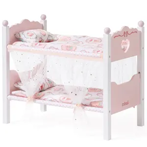 ROBUD Baby Doll Bunk Beds, Wooden Baby Doll Crib with Starry Curtain, Stackable Toy Crib for 18 Inch Dolls, Doll Bed Playset with Bedding Accessories, for Kids 3+