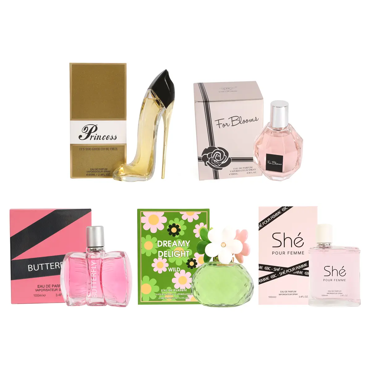 Bundle of EBC Perfume, Princess Its Too Good to Be True, For Blooms, Butterfly, Dreamy Delight Wild and She Pour Femme Eau De Parfum Vaporisateur Spray for Women