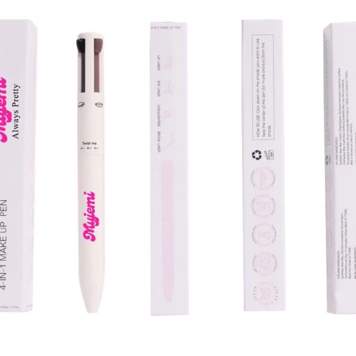 4 in 1 Makeup Pen - Black Eyeliner, Mauve Lipliner, Medium Brown Brow Liner, Champagne Shade Highlighter