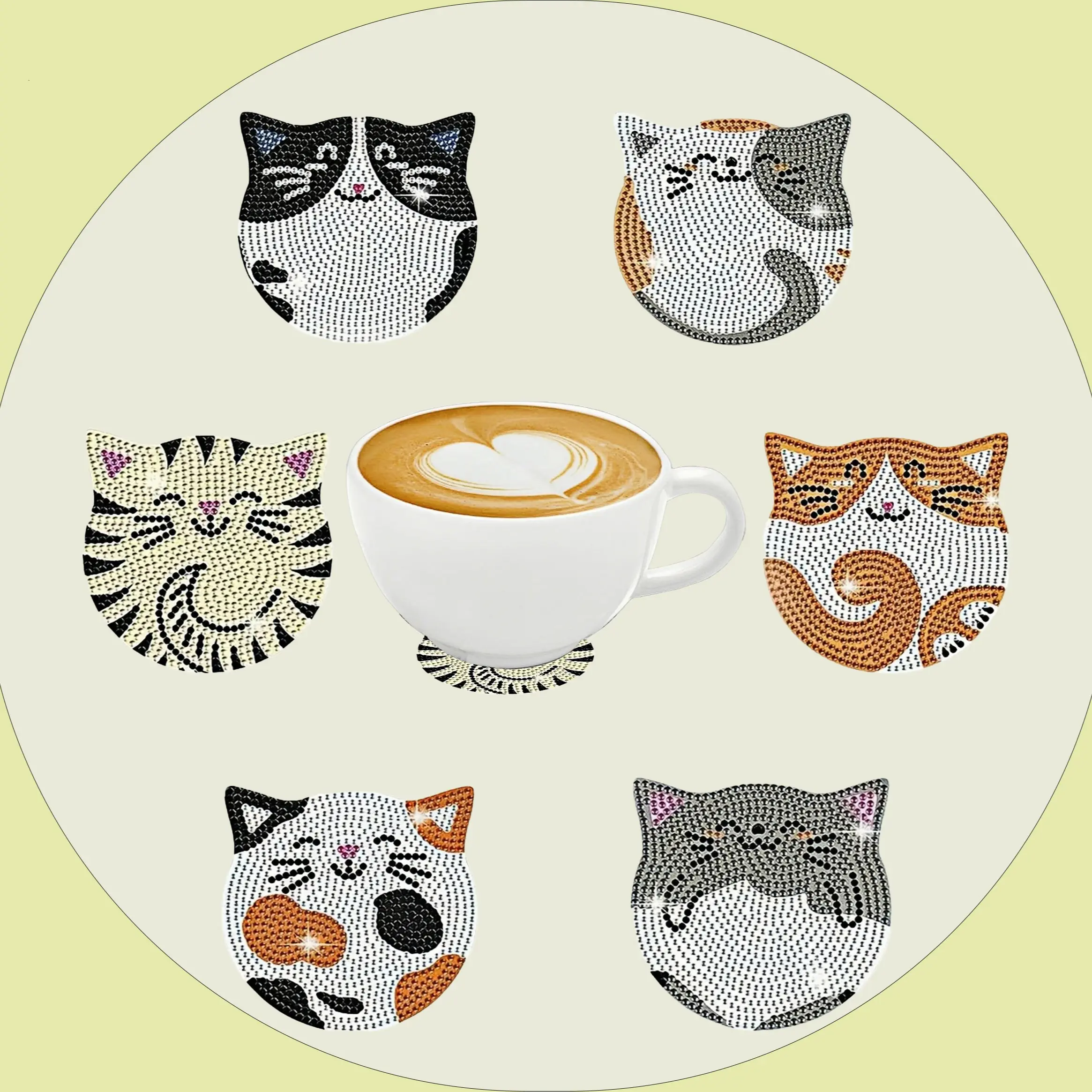 Cat Pattern Wooden Coaster, 6 Counts/set DIY Diamond Art Painting Coaster, Decorative Table Mat for Coffee Cup, Office, Kitchen, Restaurant and Home, Diamond Painting Coasters