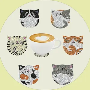 Cat Pattern Wooden Coaster, 6 Counts/set DIY Diamond Art Painting Coaster, Decorative Table Mat for Coffee Cup, Office, Kitchen, Restaurant and Home, Diamond Painting Coasters
