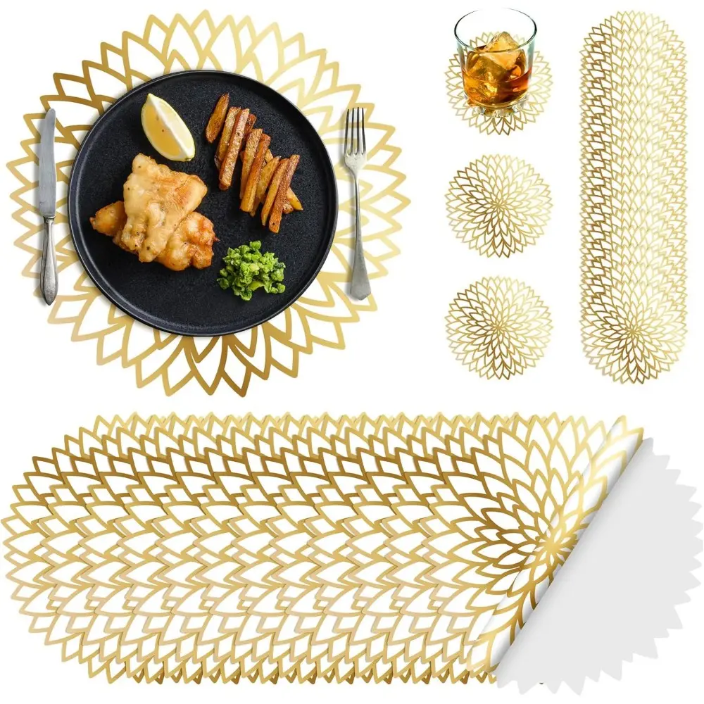 200-Piece Gold Round Disposable Paper Placemats & Coasters Set - 100 Pcs Coasters, 13x13 in Placemats, 4.4 in Diameter, Hawaiian Luau Tableware for Birthday, Retirement, Indoor-Outdoor Events, 200 Pieces