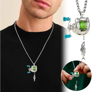Fishing Reel Necklace, Rotating Handle Swirling Pendant Keychain, Backpack Charm, Keychain for Fishermen`