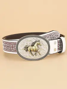 Western-Cowboy-Pu Leather-Belts for Men Gold-Oval-Buckle Embossed Horse Belt for Jeans Pants Fit for 43"-51" Secure Metal Buckle Bling Western Belt