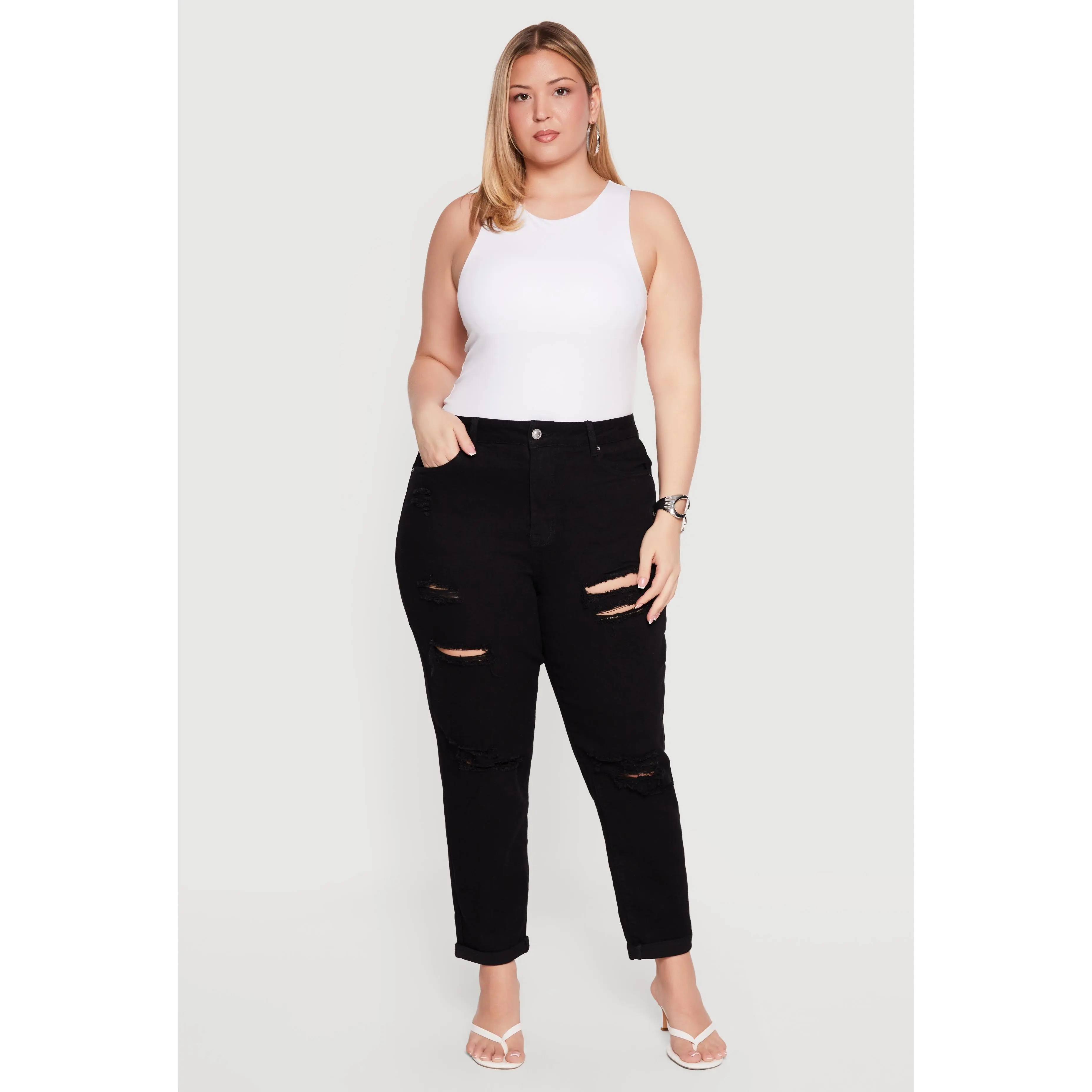 Plus Size High Waisted Distressed Boyfriend Jeans