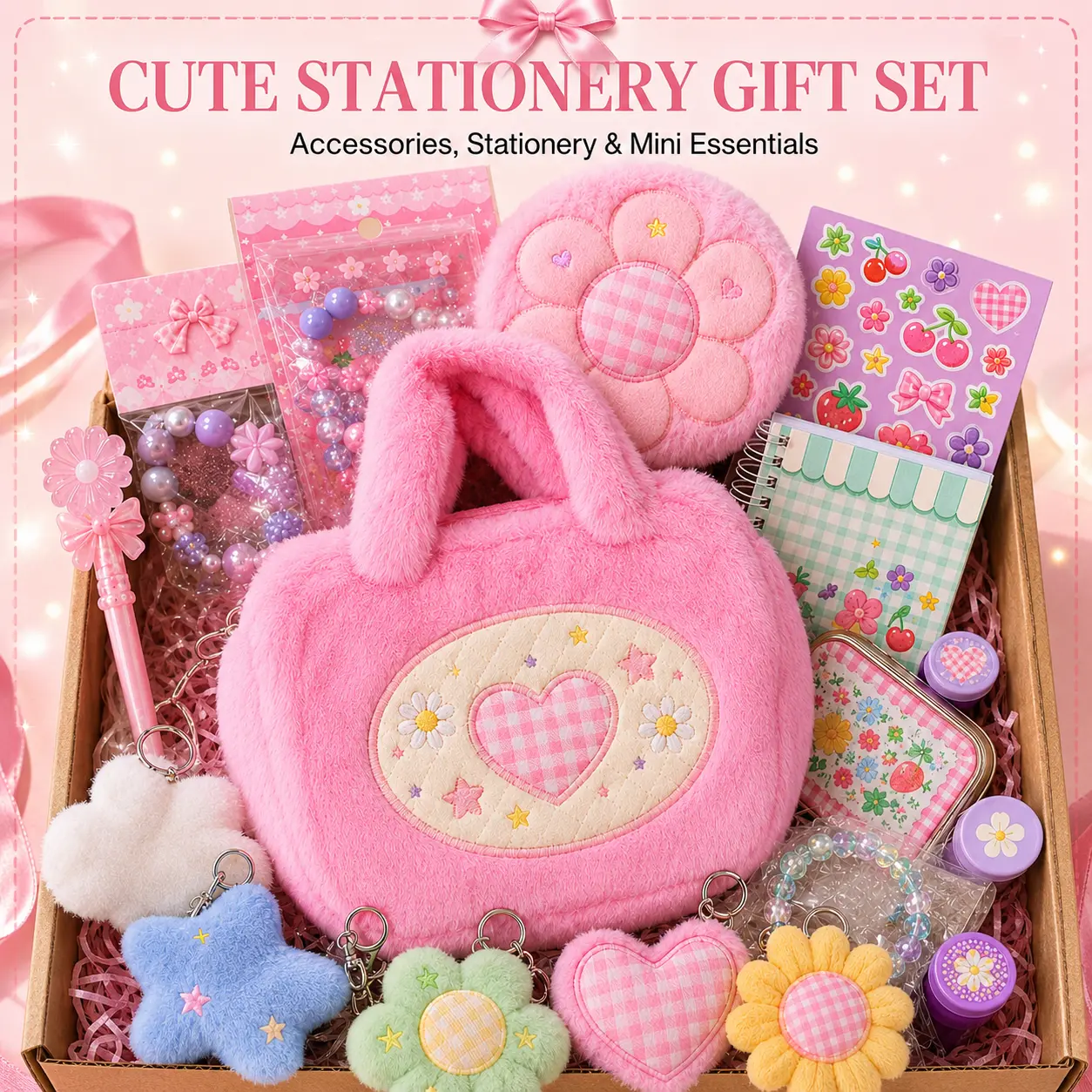 Cute Stationery Gift Set with Fuzzy Tote Bag, Plush Keychains, Stickers, Notebook, Pen, Bracelets and Pink Accessories for Women
