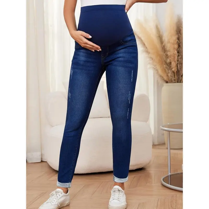 Comfy & Stretchy Maternity Skinny Jeans - Mid-Elastic Waist, Soft Denim with Stretch, Elegant Casual Style for Pregnant Women, All-Season Wear, Dark Blue with White Stitching, High-Waisted Design, Maternity Clothes(Sheets)233
