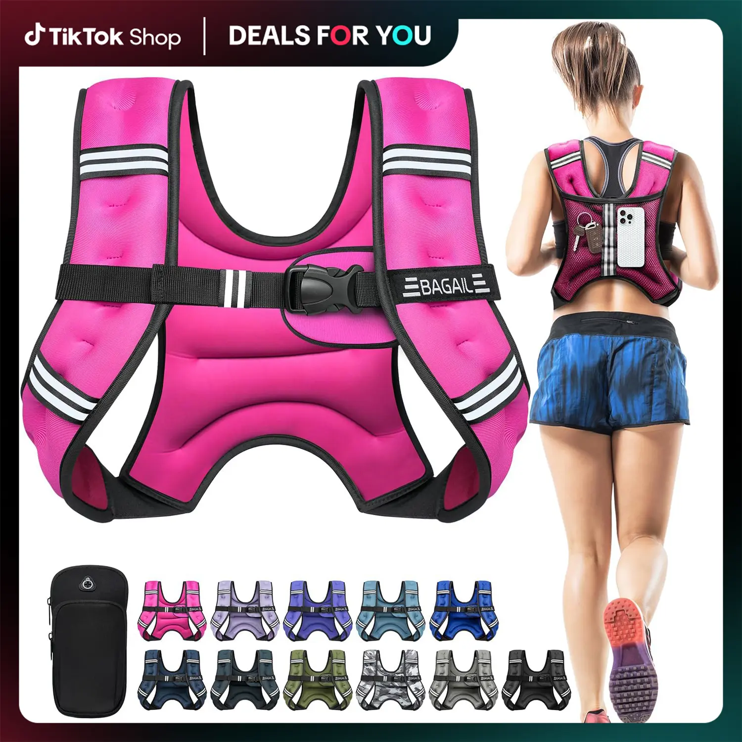 【SummerVibes】BAGAIL Weighted Vest, 5lbs/8lbs/10lbs/12lbs/15lbs/20lbs/25lbs/30lbs Weight Vest with Detachable Phone Pouch, Rucking Vest for Women, Men, Walking, Training, Running Summervibes