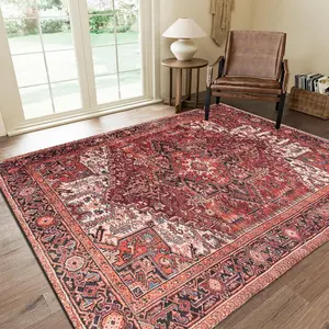 [Velvet + Pointed Base] 1PC Red retroPersian Carpet Large Size Living Room Bedroom Carpet Mat European Style Simple Luxury Vintage Boho Rug Machine Washable Foldable Easy to Clean Non-Slip Carpet Home Decor Suitable for Sofa Coffee Table Garden  Mat