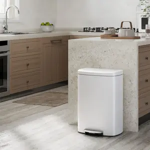 13 Gallon / 50 Liter Metal Kitchen Trash Can with Lid, Large Rustproof Garbage Can for Kitchen, Step-on Trash Bin with Inner Bucket Light Plastic