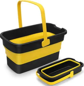 Collapsible Mop Bucket for Cleaning with Handle Silicone Square Wash Bucket for Windows Car Washing 3-Gallon Plastic Organizer Lightweight Space-Saving Wall Mountable