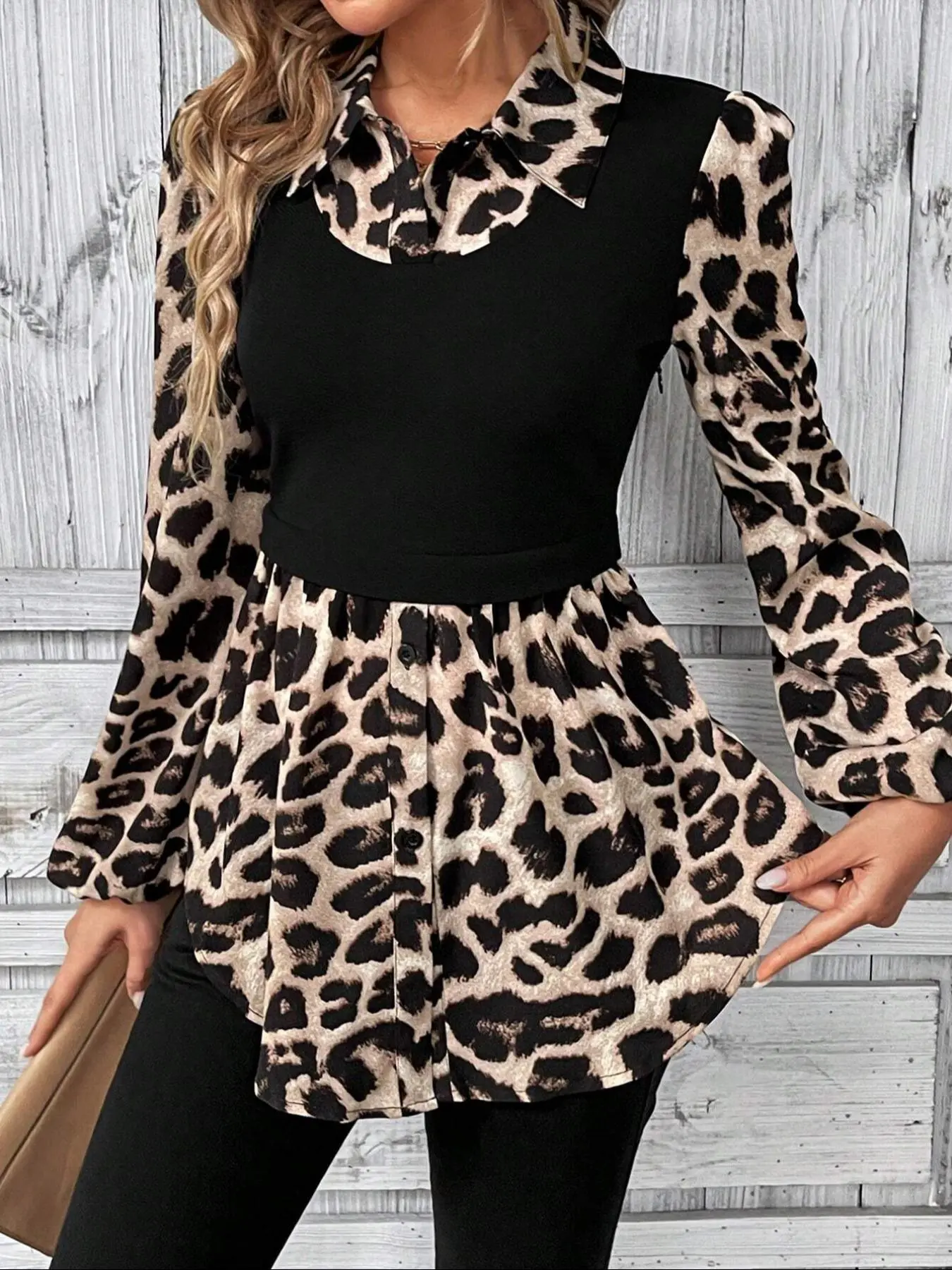 Women's Leopard Print Patchwork Colorblock Button Front Bishop Sleeve Blouse, Elegant Long Sleeve Collared Top for Spring & Fall, Women's Clothes for Daily Wear, Business Casual Blouses