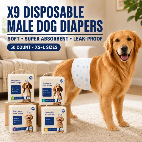 X9 Disposable Male Dog Diapers, 50 Count Super Absorbent Leakproof Belly Bands with Adjustable Tabs for Marking, Incontinence & Puppy Training