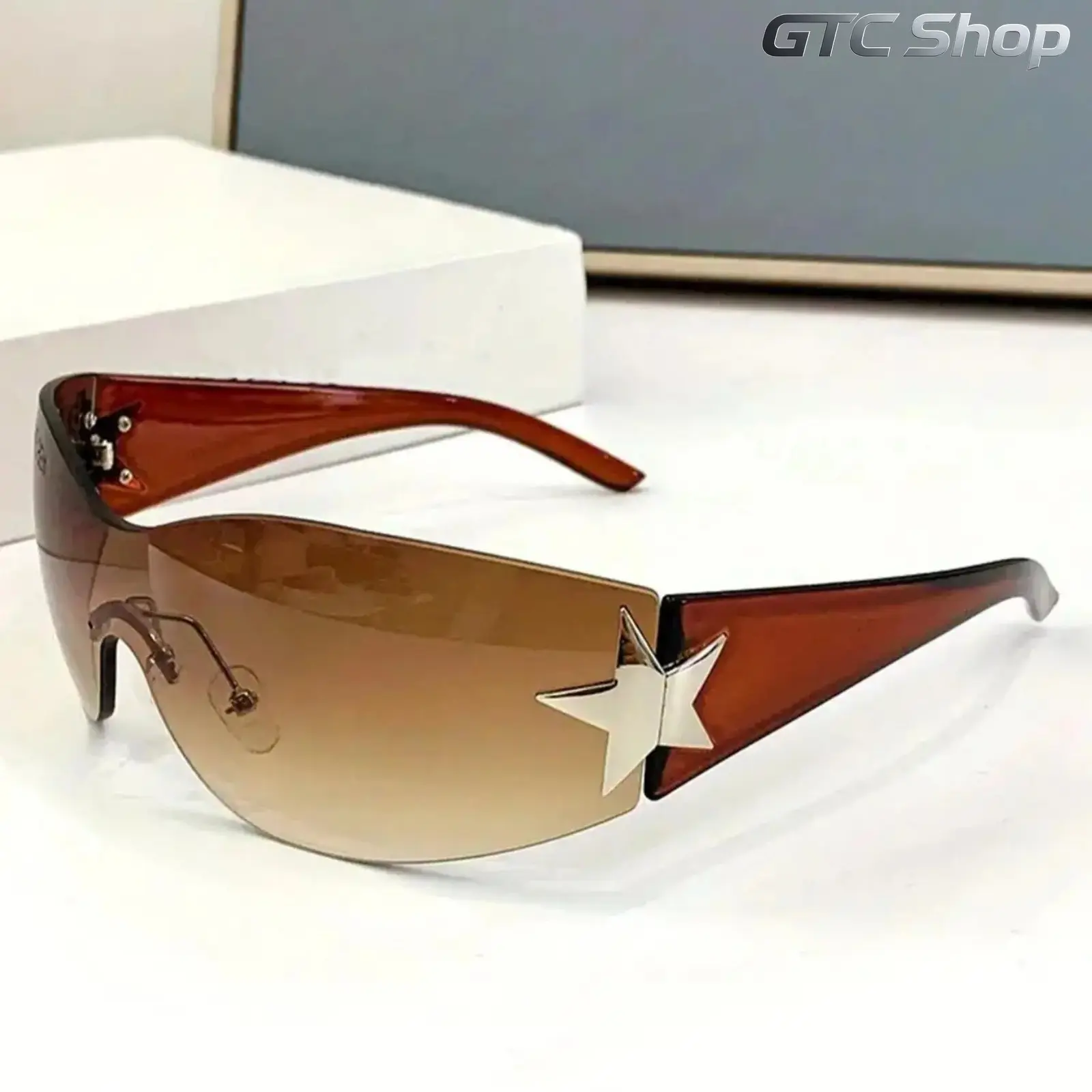 Women Y2K Star Design Wrap Frame Sunglasses, Preppy Clay Brown Gradient Eyewear, Summer Trendy Fashion Shades for Beach Outdoor Daily Activities #summervibes