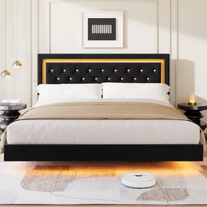 Garvee Floating Bed Frame with Smart LED Lights, Upholstered Diamond Tufted Headboard, Solid Wood Slats Support, Noise-Free, No Box Spring Needed, Easy Assembly, Available in King, Queen, Full Sizes and Multiple Colors